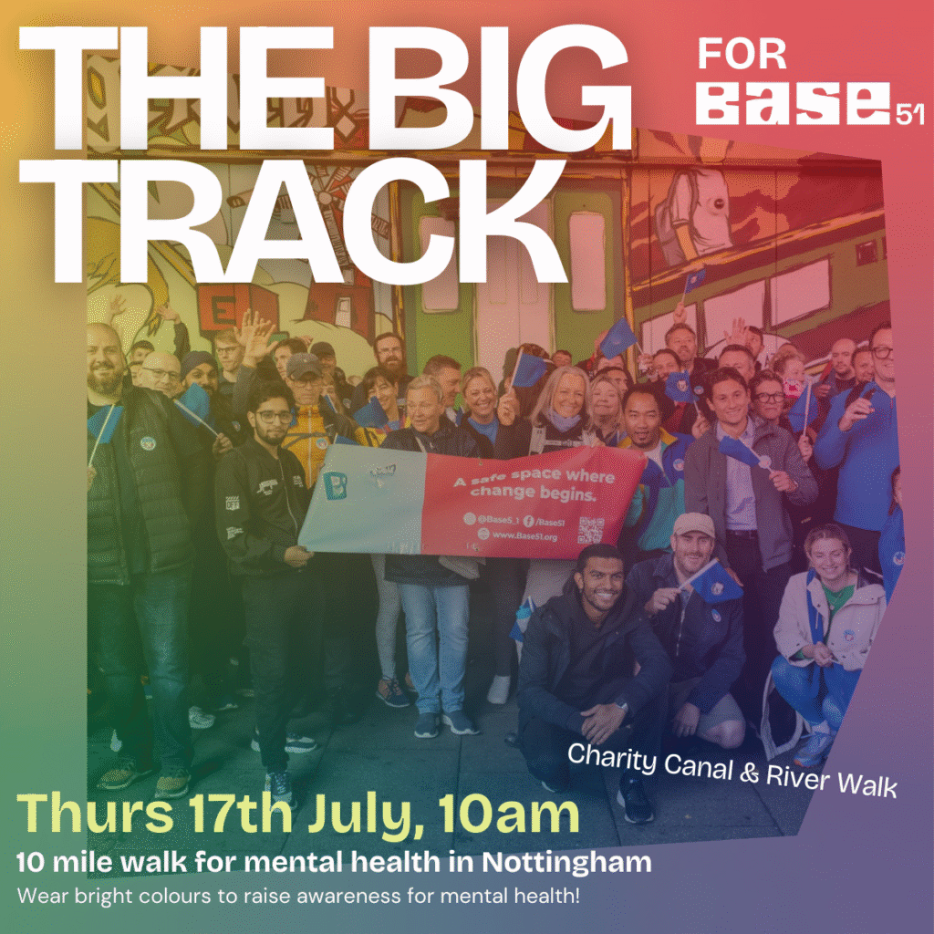 Picture of a group of people smiling and holding a base 51 banner. Information about The Big Track event is overlaid