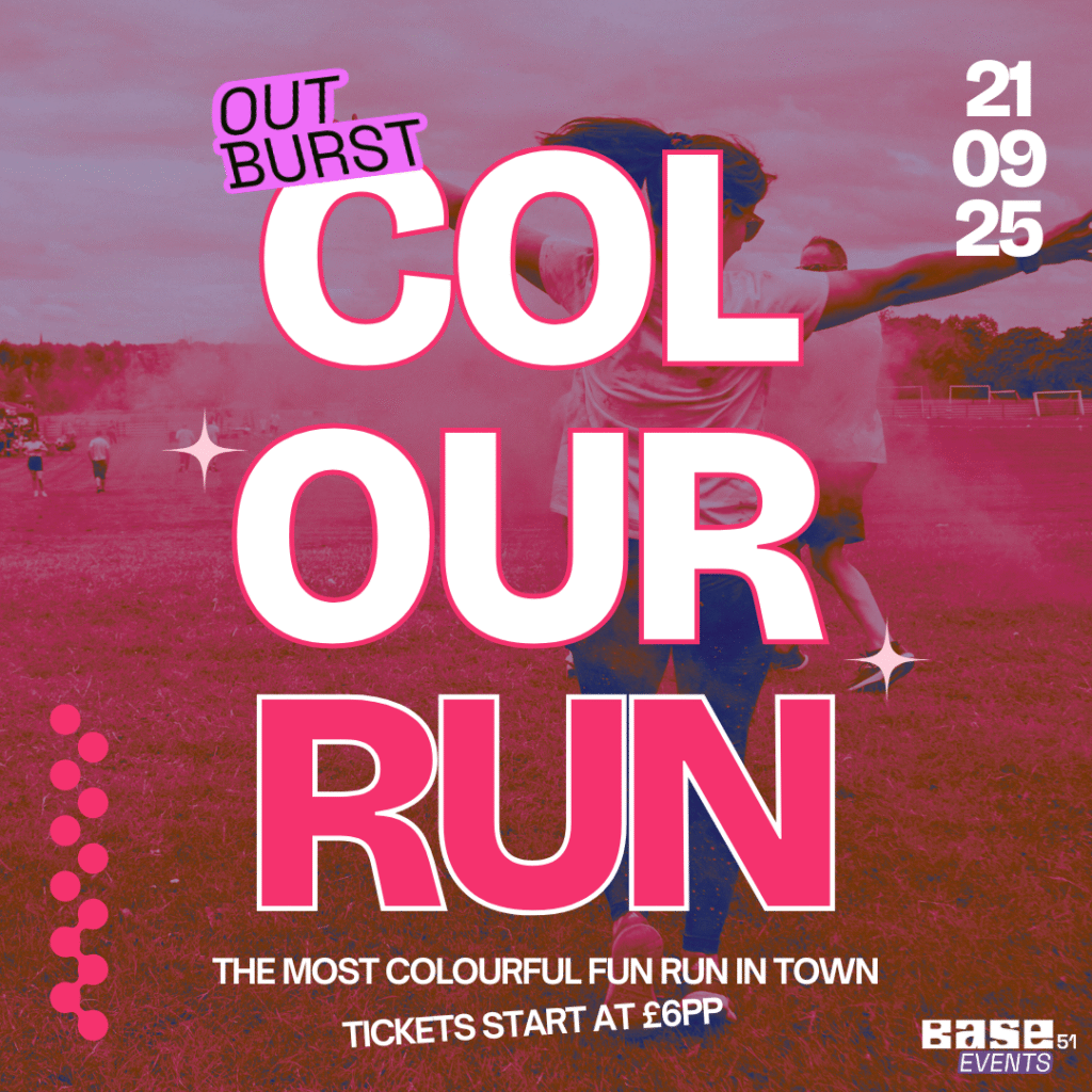 Writing: outburst colour run. The most colourful event in town. Tickets start at £6. Image: woman running through cloud of coloured paint powder.