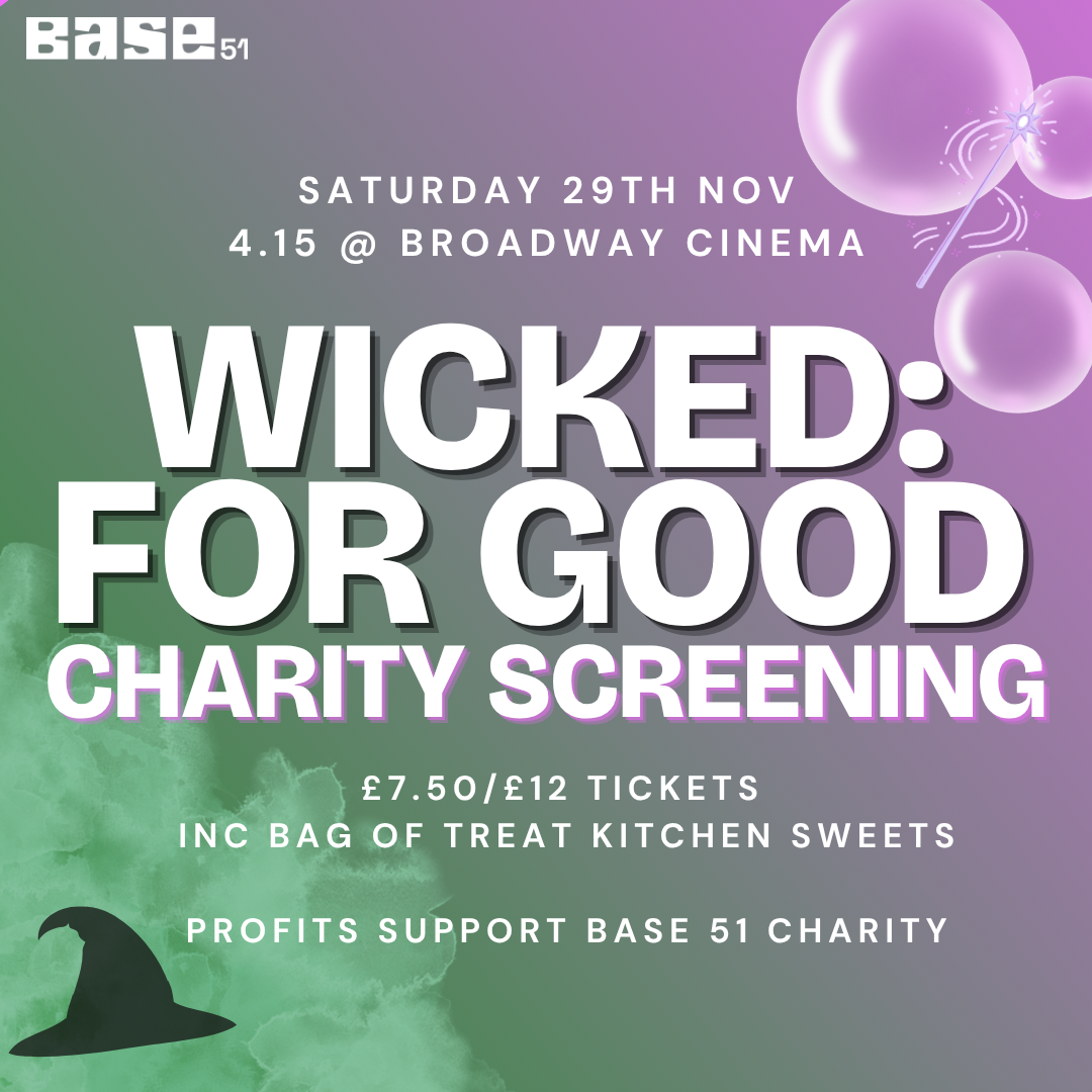 Wicked For Good charity screening. Half green and half pink screen with wtiches hat and bubbles. Information about the event - 29th November 4.15pm at Broadway Cinema